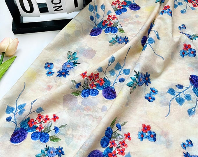Floral Embroidery Cotton Fabric: Asian Style Upholstery, Curtain & Sewing Material