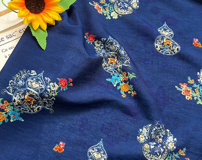 Royal Blue “Fu Lu” Floral Chinese Style Digital Print Cotton Brocade Fabric, 59" Wide