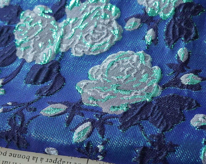 Vintage Blue Rose Jacquard Brocade Fabric with Gold Threads: DIY Sewing Material