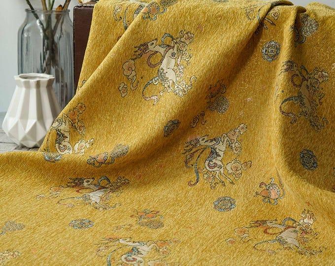 Chenille Deer Jacquard Fabric | Chinese Style Woven Upholstery, 55" Wide
