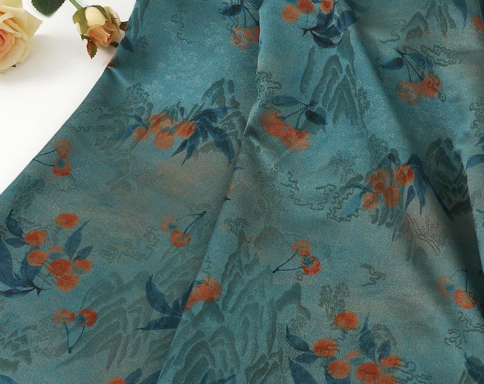 Thousand Miles Rivers Mountains Tea Silk Satin Fabric: 59"W Upholstery, Costume, Drapery