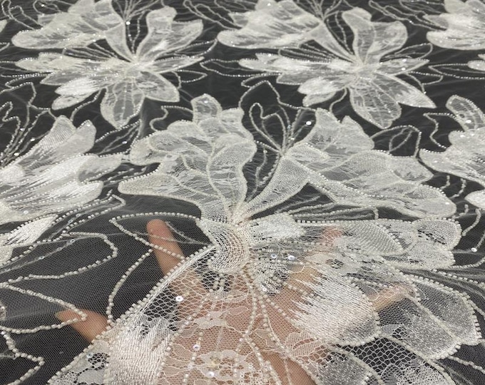 50" Luxury Wedding Dress Beaded Embroidery Fabric – Bridal Wedding Veil By Yard, sequins wedding dress, headwear, shoes, DIY accessories
