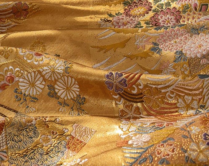 55" Silk Brocade, Zen flower, Gold rose Brocade, Emperor Tibetan, Upholstery, Decor, Costume, Curtain, Handbag, Sewing/Fabric by the meter
