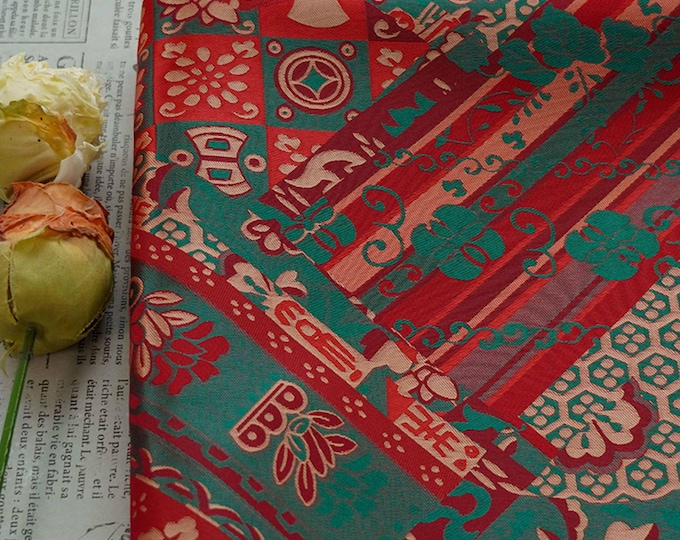 64"W Teal Jacquard Brocade Fabric – Longevity Peony Flower, High-Density Satin, Traditional Asian Textile for Quilting, Costumes, Home Decor