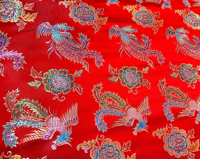 China Red Peony & Phoenix are auspicious Brocade Fabric, Upholstery, Decor, Costume, Curtain, Handbag, Sewing/Fabric by the meter, 59"Width