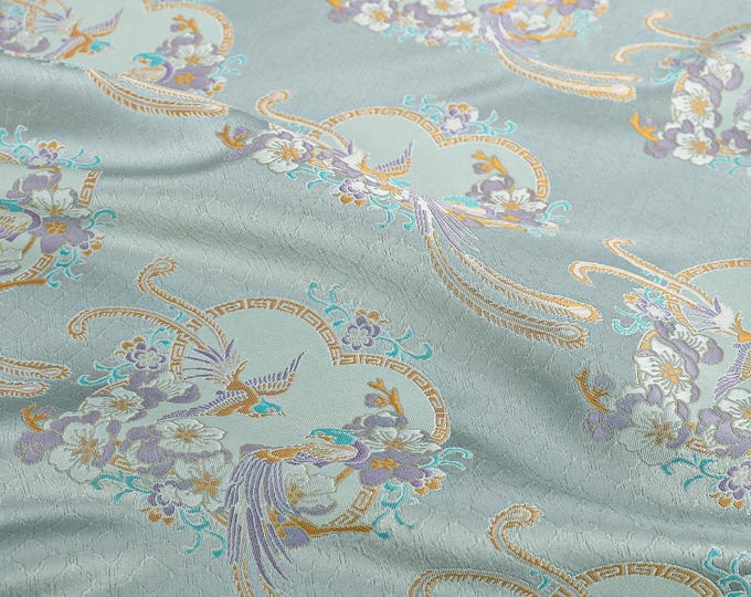 Gold thread Aqua blue song Nishijin Fabric, Japanese Kimono flower brocade by the meter, 59“W, Upholstery, Decor, Costume/by the meter