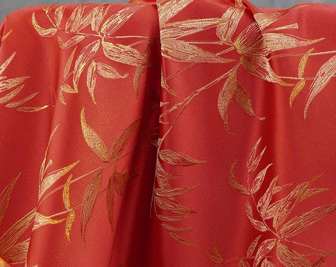 Red Brocade Fabric – Golden Bamboo Leaves Jacquard, 59" Wide