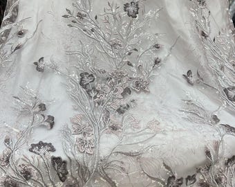 50“W Sequined floral bead embroidery, dress bag lace mesh fabric lace, Prom, Wedding, Doll Making, Sewing, DIY, Costume/ fabric