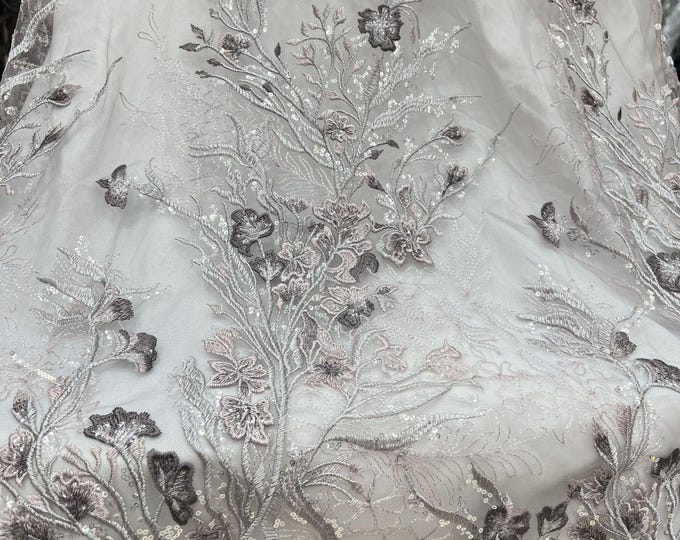 50“W Sequined floral bead embroidery, dress bag lace mesh fabric lace, Prom, Wedding, Doll Making, Sewing, DIY, Costume/ fabric
