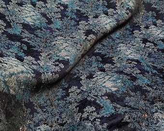 Ice Blue Gold Thread Vintage Jacquard Fabric | Textured Embossed | Designer Material for Tops, Pants, Hanfu, Qipao, Costumes, 64" Wide