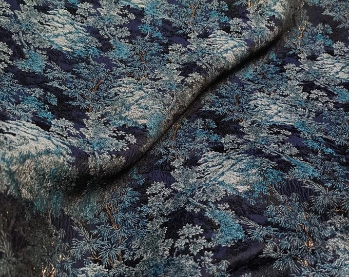 Ice Blue Jacquard Fabric With Gold Thread | Textured Embossed Material, 64" Wide