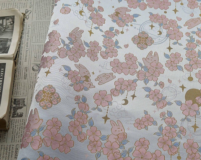 Golden Song Brocade Jacquard – Jade Rabbit and Begonia Blossom Design, 59"Wide