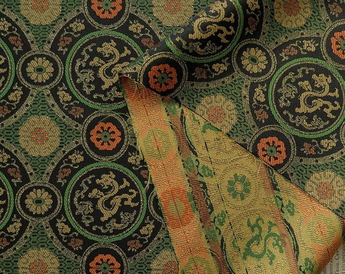 Chinese dark green brocade Cheongsam Fabric, Embroidery Dragon pattern, Tapestry Satin Jacquard Silk Brocade 59"W, Chinese wedding fabric