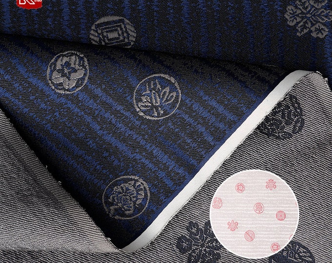 29.5" Width Japanese Nishijin Navy Gold Stamp Damask Jacquard Brocade Fabric, Yukata Geisha Kimono, Upholstery, Quilting and Sewing fabric