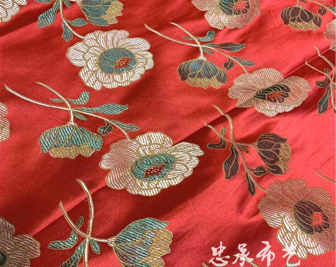 Black 29"W Chinese Buddhism Lotus Tibetan Textile, Tibetan Fabric, Upholstery Fabric, Tibetan robe, spinning Fabric, silk, satin and brocade