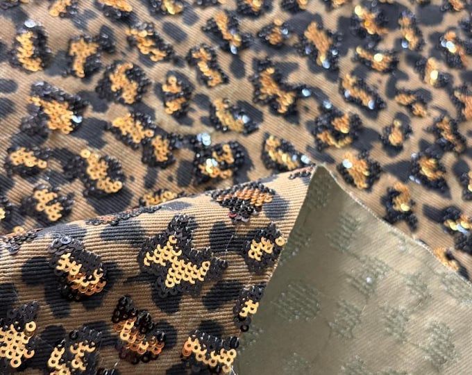 Leopard Print Cotton Denim Fabric – Sequin Embroidered, 55" Wide