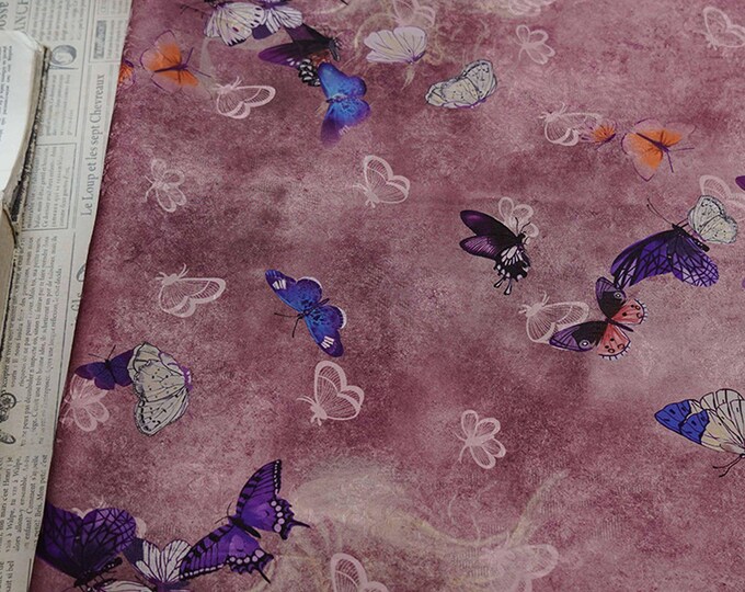 55"W butterfly flower Tea silk satin fabric, Digital print, Sewing fabric, Upholstery, Decor, Costume, Curtain, bag, DIY, Doll making/Fabric