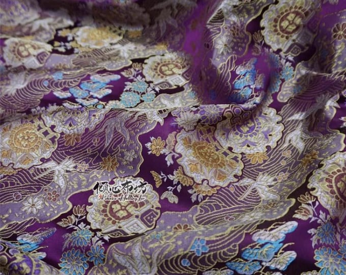 59" Width Nishijin Crane Japanese kinran Fabric, Modern Black Jacquard silk brocade damask by the meter, High-end high-precision brocade