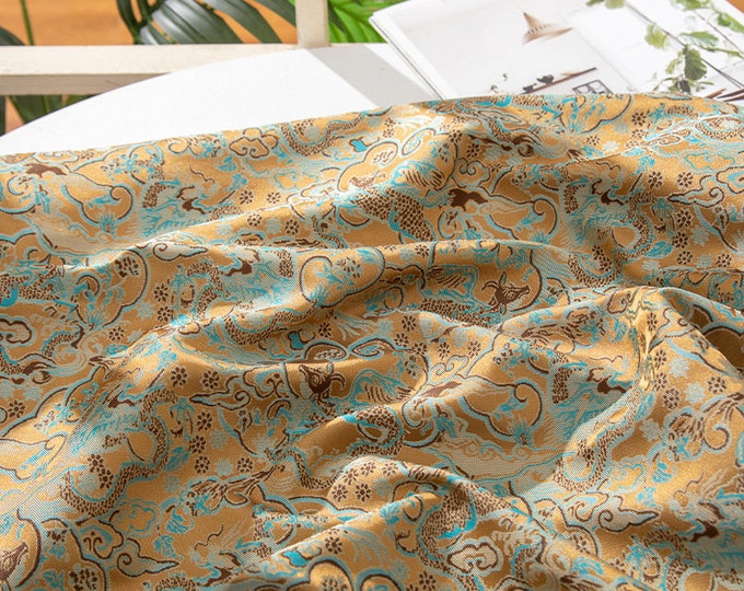 57"W Nishijin Ori Brocade Satin Fabric With Dragon flowers| Japanese Style Home Decor, Chinese Sewing Brocade, Upholstery, drapery/fabric