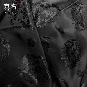 Tessuto jacquard nero a due lati, tessuto antico cinese drago e fenice da 59" di larghezza, tappezzeria, arredamento, costume, tenda, borsa, cucito/tessuto