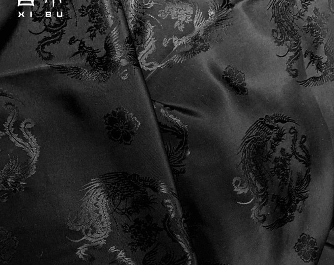 Black Two Sides Jacquard Fabric, 59“W Dragon& Phoenix Chinese Antique fabric, Upholstery, Decor, Costume, Curtain, Handbag, Sewing/Fabric