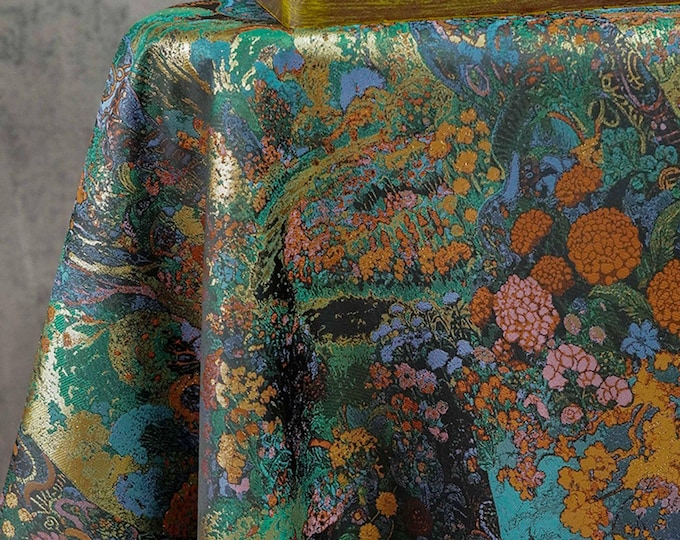 Floral Gold Jacquard Fabric: Artistic Brocade, 65" Wide