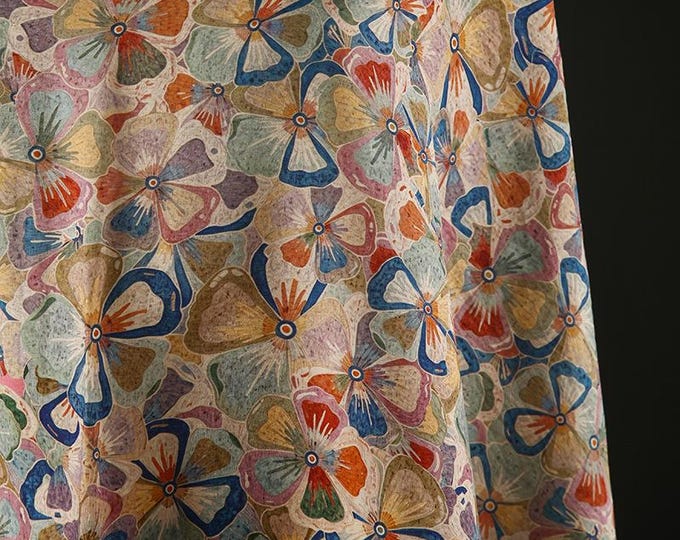 Tencel Ramie Printed Fabric, colorful flower, Sewing Fabric for Dress, Kimono, decor, Upholstery, Costume, bag, DIY, curtain, by 1meter, 59"