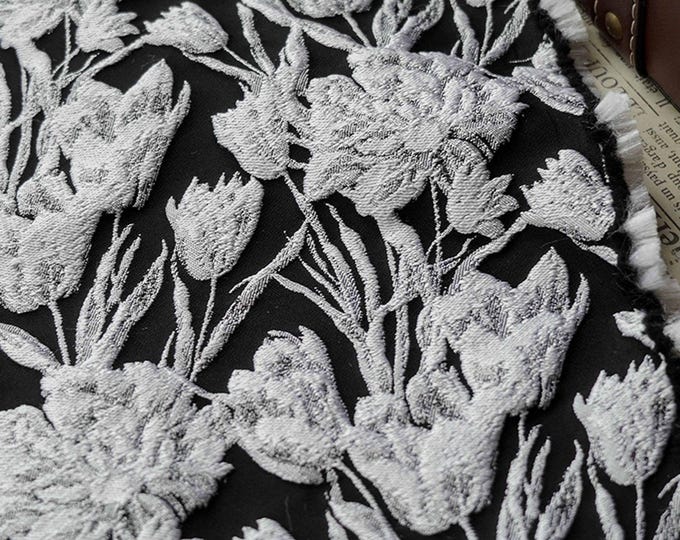 Elegant Black & White Floral Jacquard Quilting Fabric – Upholstery, Furniture, Bags, Sofa, DIY Sewing, Home Decor, 55"Wide