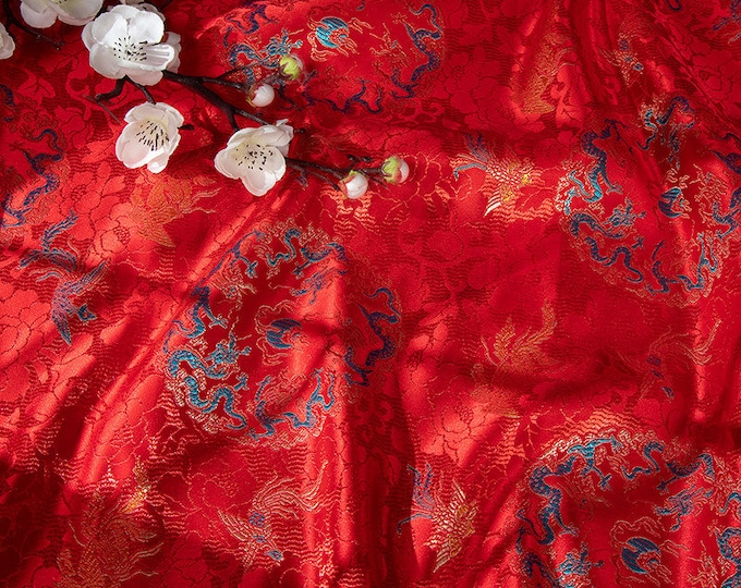 59"W Red dragon and phoenix pattern Silk Brocade, Costume, Curtain, Handbag, cheongsam, sewing, Upholstery, Quilting & drapery, DIY/ fabric