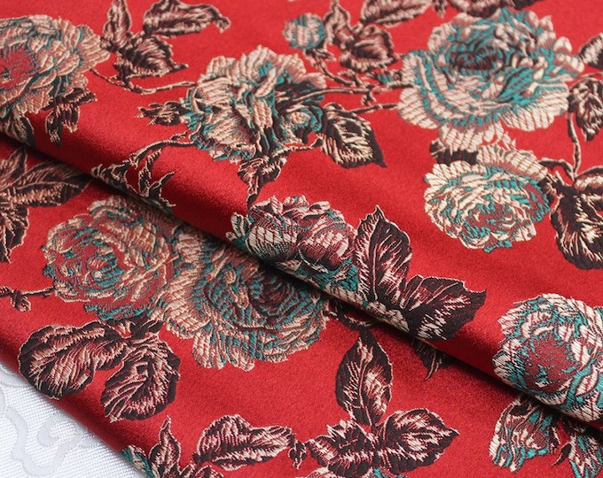 Red Silk Brocade Fabric Peony Flower Design, Wedding Fabric, 29.5" W Chinese Silk Fabric By 1 Meter on SALE