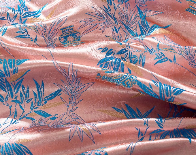 29.5"W pink vase bamboo of fortune Tibetan Textile Fabric, Upholstery Fabric, Tibetan robe, wedding Fabric, silk, Asian & drapery/fabric