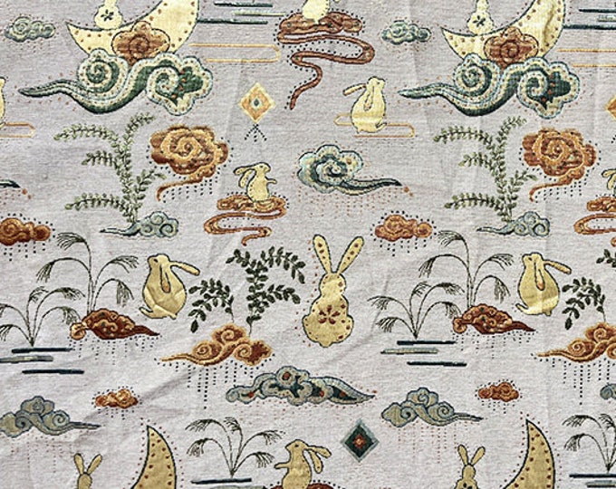 57"W Tapestry Fabric Elegant Brocade Jacquard Fabric, colorful rabbit, Upholstery, Decor, Costume, Curtain, Quilting, Sewing/Fabric, 1meter