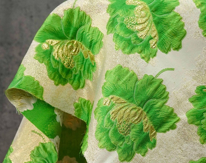 3D Embossed Peony Jacquard Fabric with Gold & Silver Threads, Woven Upholstery Fabric, 58"Wide
