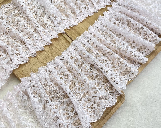 Baby pink Folding Lace Trim Pleated ruffled fabric, Designer Fabric, Lolita, cuff, Events, home Decor, wedding, Baby, dress/fabric, 5.5" W