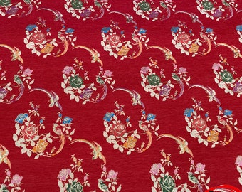 Red 59"W Chinese Brocade Fabric Phoenix and Magpie Silk Fabric, Cushion cover, suit pillow case, cheongsam Qipao, Sewing Craft Fabric