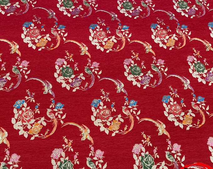Red 59"W Chinese Brocade Fabric Phoenix and Magpie Silk Fabric, Cushion cover, suit pillow case, cheongsam Qipao, Sewing Craft Fabric