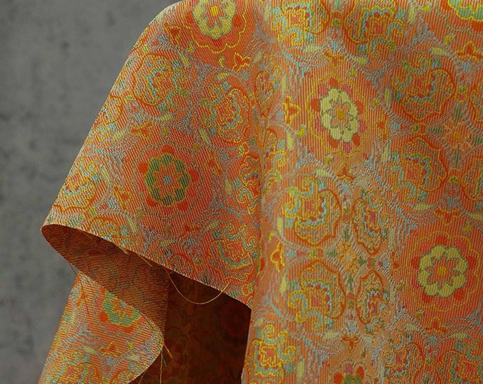 Orange Vintage Medallion Jacquard Fabric: Arabesque Scroll Yarn-Dyed, 59" Wide
