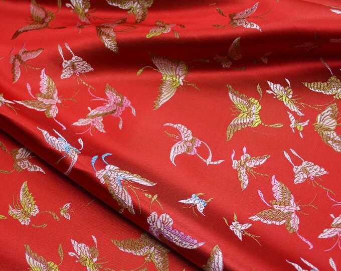 59"W China Red Silk Brocade Butterfly Floral Chinese Traditional Wedding Brocade Jacquard Rayon + Silk fabric on Sale Clearance