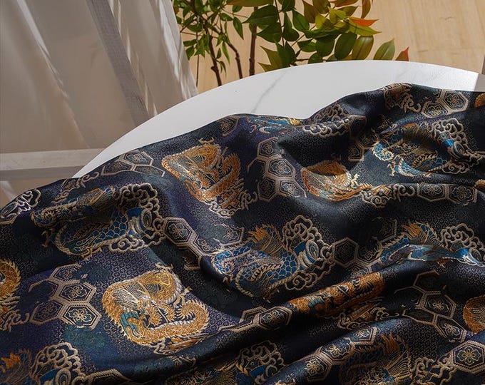 Japanese Nishijin Brocade Fabric • Dark Navy Chrysanthemum Hexagon Dragon Pattern • Kimono Sewing Material • Gold Lamé Jacquard, 59"Wide