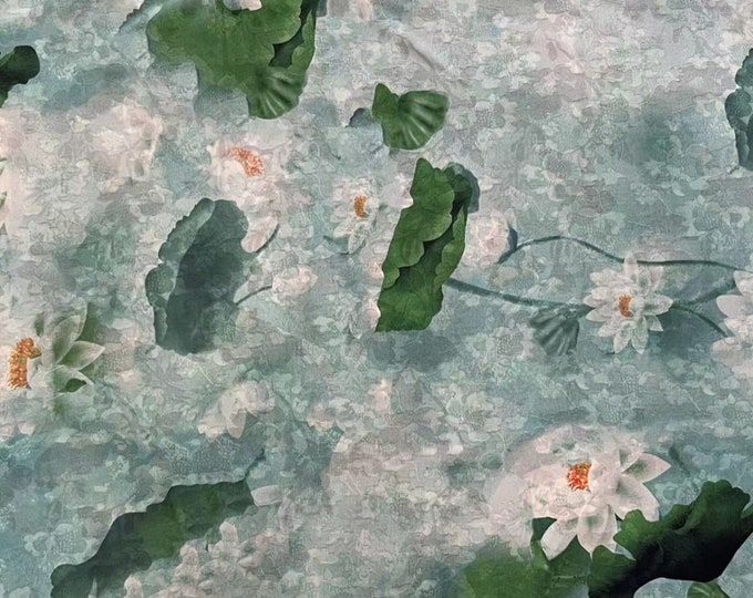 59"W lotus ink painting Tea silk Texture satin fabric, Traditional, Upholstery, Decor, Costume, Curtain, bag, Sewing, drapery,DIY/Fabric