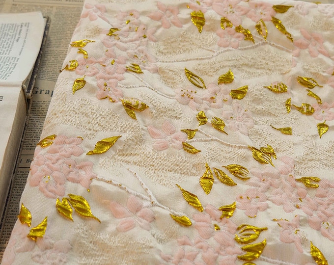 51"W Gold thread Jacquard fabric, Upholstery, Decor, Costume, Curtain, bag, Sewing, bouquet wrapping, DIY/Fabric by the meter