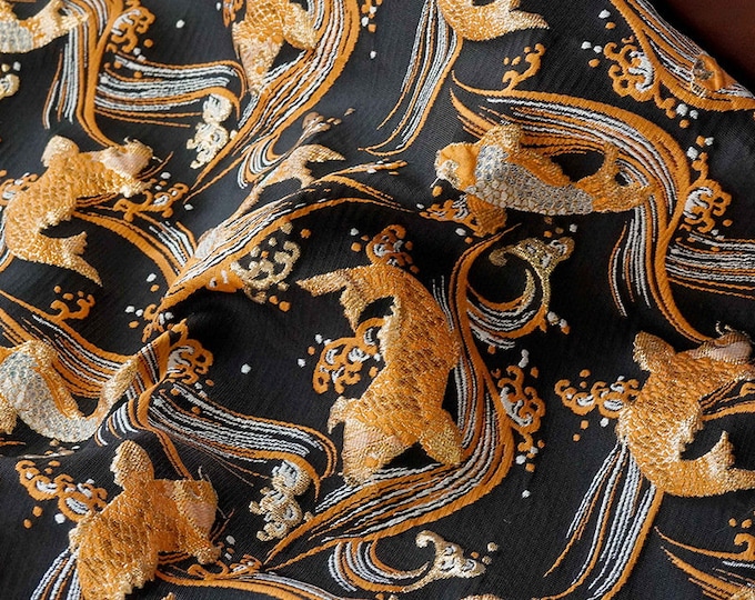 54" Width Nishijin 3D Fish Japanese kinran Fabric, Modern Black Jacquard silk brocade damask by the meter, High-end high-precision brocade