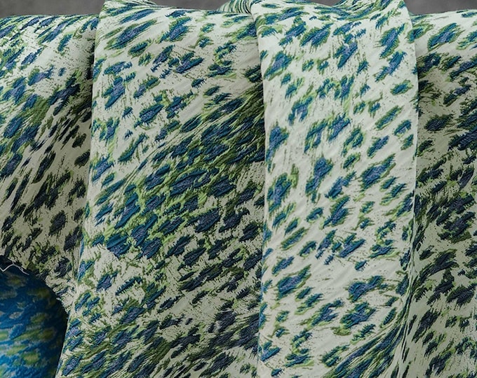 Blue Green Embossed Leopard Jacquard Fabric, Textured Animal Print Upholstery & Sewing Material,