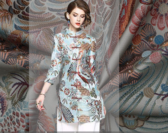 57"W Vintage embroidery crane flower and bird jacquard dress fabric, Fabulous exclusive Fabric, Drapery, Upholstery, Decor, Costume by meter