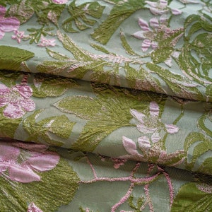 Gold Thread Floral Jacquard Fabric: Pea Green 3D Designer Fabric, 57&quot; Wide