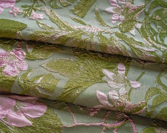Gold thread jacquard fabric, pea green 3D designer fabric, Upholstery, Prom dress, Decor, Costume & Sewing fabric, 57" W By 1 Meter on SALE