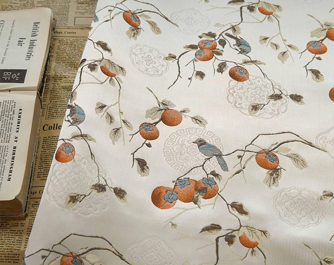 Reversible jacquard woven fabric, persimmon ruyi with embossed effects, Upholstery, bedding, Costume, Curtain, handbag, kimono/Fabric, 65"W