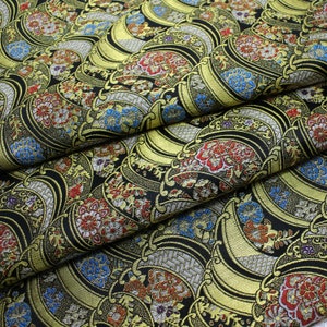 Nishijin Japanese Fabric, Modern Japanese Floral Jacquard silk brocade by meter, 29.5” Width, Black and Gold On SALE