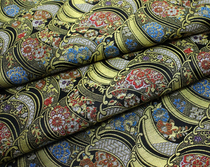 Nishijin Japanese Fabric, Modern Japanese Floral Jacquard silk brocade by meter, 29.5” Width, Black and Gold On SALE