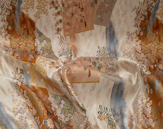 59"W Japanese fan, Nishijin Weaving, Upholstery, Decor, Costume, bag, Sewing, Quilting, kimono, drapery, bookbinding/Fabric by 1 meter
